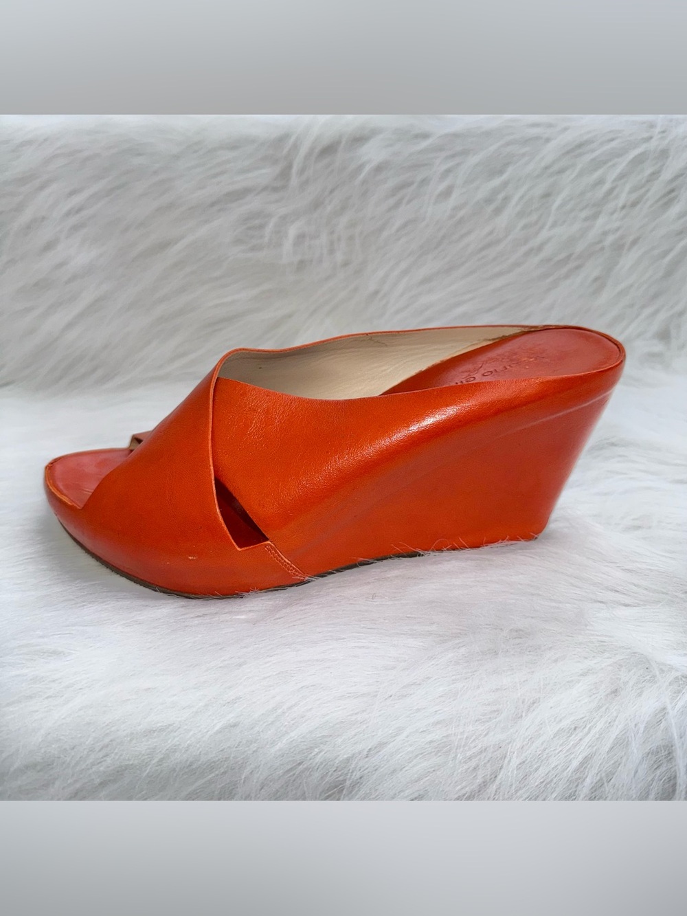 AGL Attilio Giusti Leombruni Orange Leather Crisscross Wedge Mules Sandals 38.5